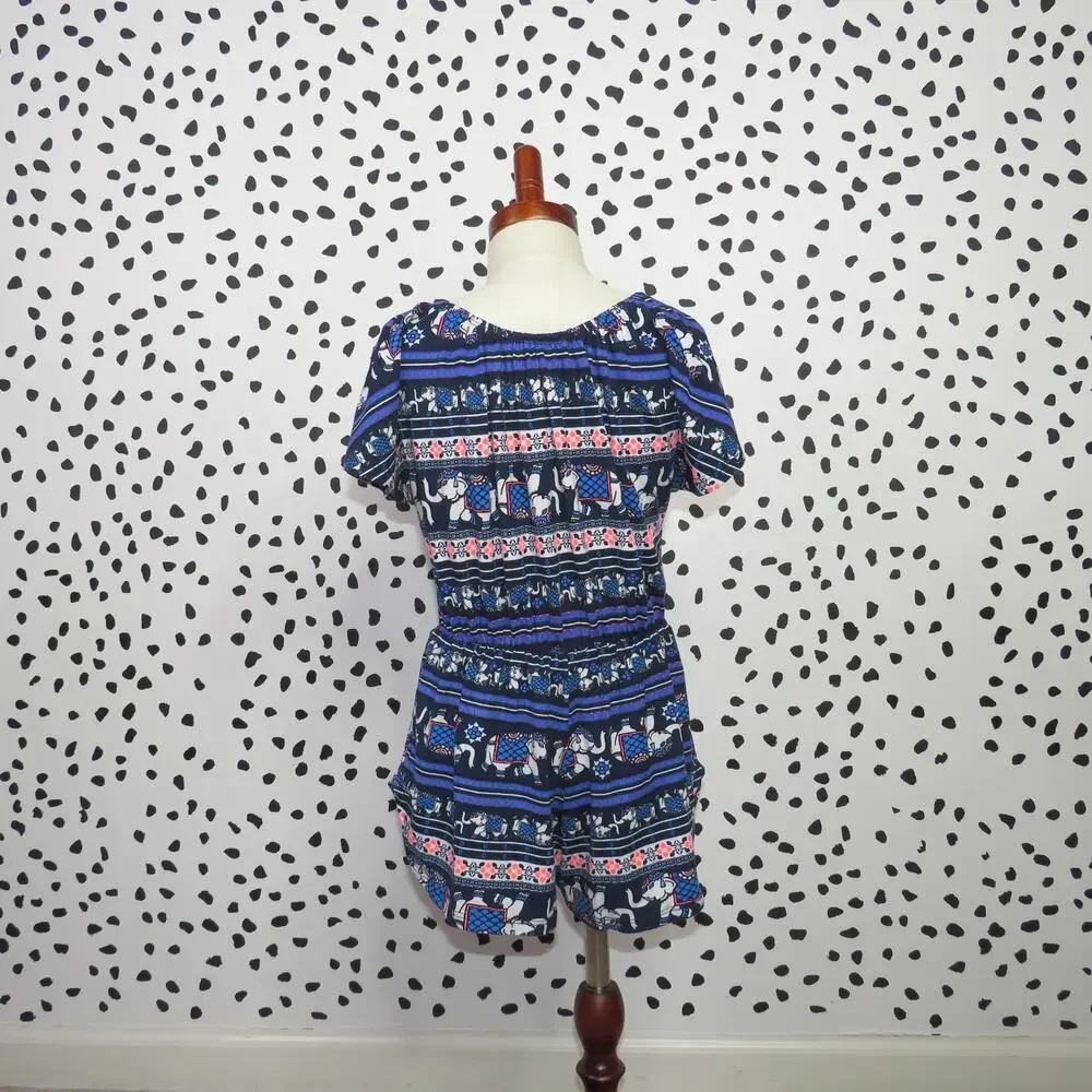 Heart + Arrow Blue Elephant Print Crochet Trim Girls Romper - Picture 3 of 6